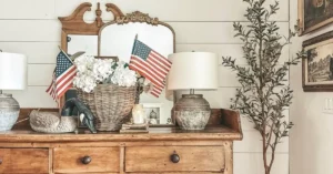Vintage Americana Decor Cupboard with USA flags and a vintage mirror