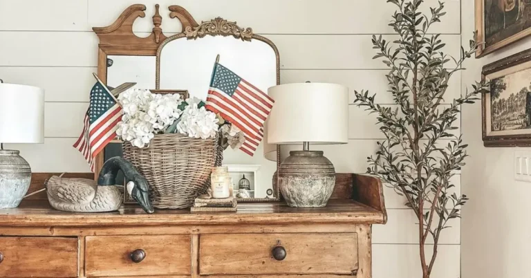 Vintage Americana Decor Cupboard with USA flags and a vintage mirror