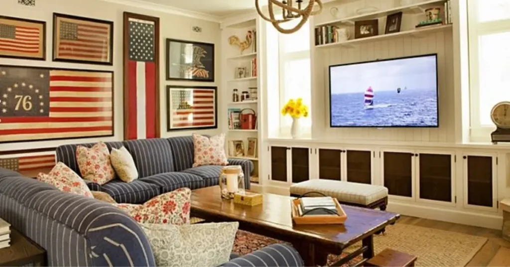 Vintage Americana Decor with red bluw and white decor elements and usa flag in a living room