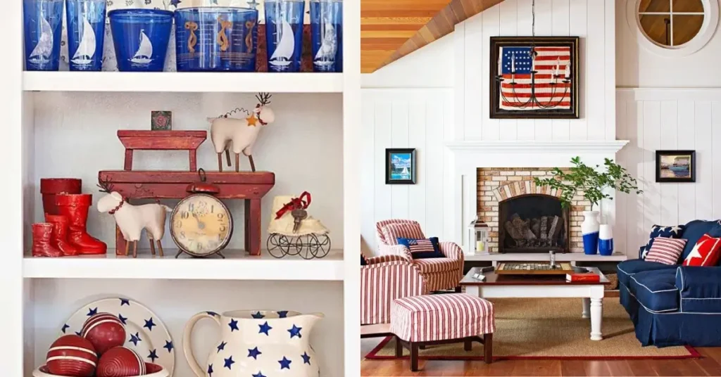 Vintage Americana Decor with a linving room in usa colors and a flag, as well as a cupboard with red blue decor