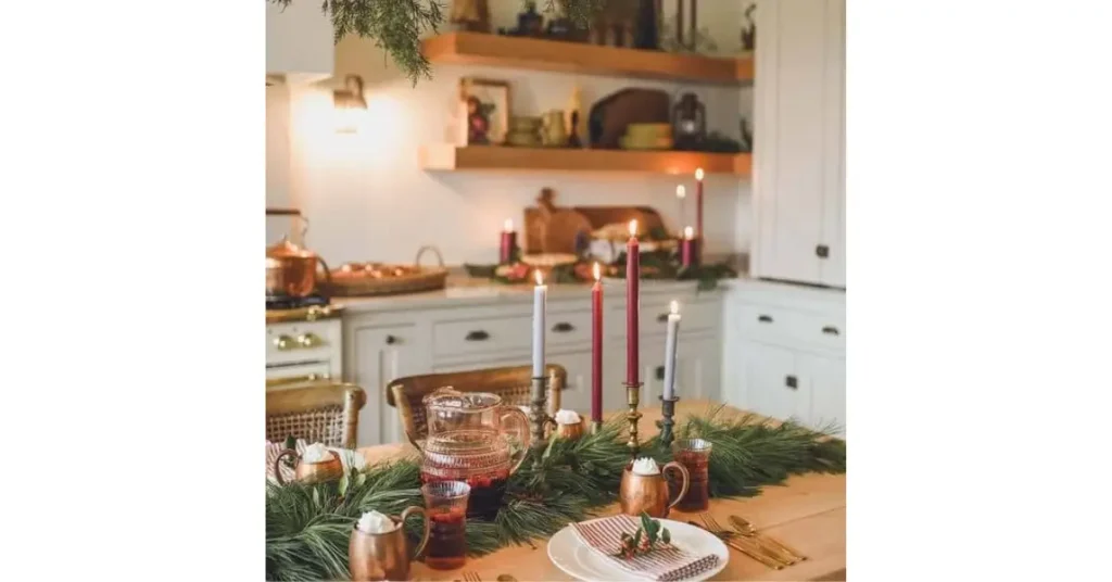 Vintage Christmas Kitchen with candles and festive decor