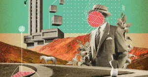 Vintage Collage Art on mars like mountains and a man in a suite and hat
