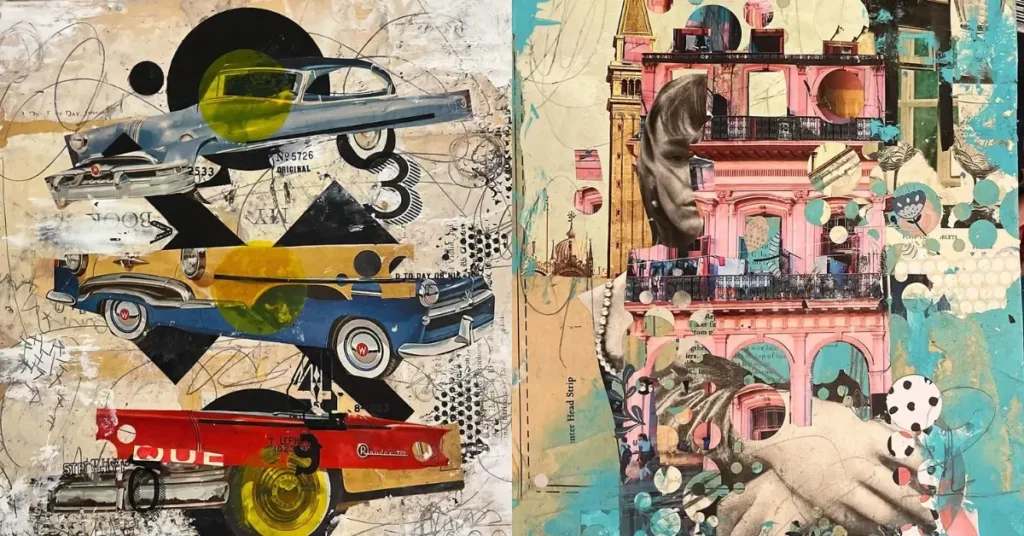 Vintage Collage Art - with muscle cars and a building