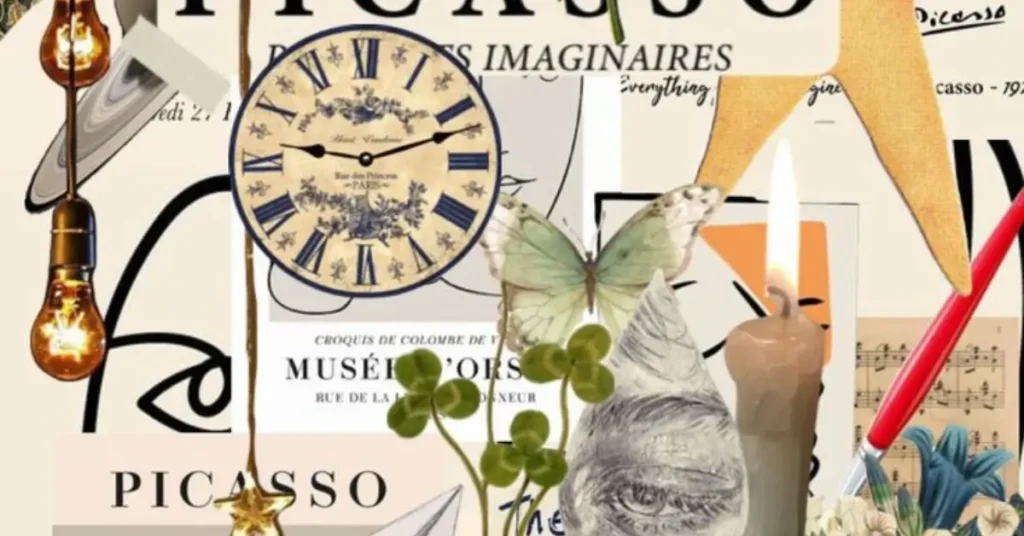 Vintage Collage Art with parts of picasso and a antique clock