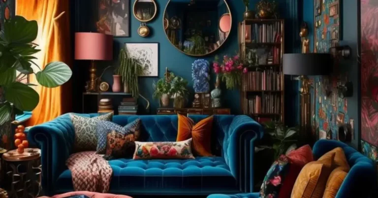 Vintage-Maximalist-Decor living Room with bold colors and vintage furniture