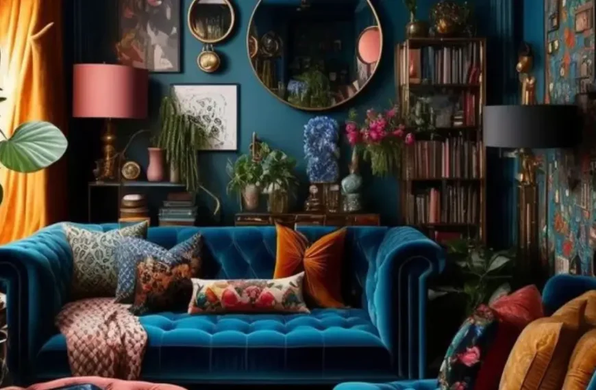 Vintage-Maximalist-Decor living Room with bold colors and vintage furniture