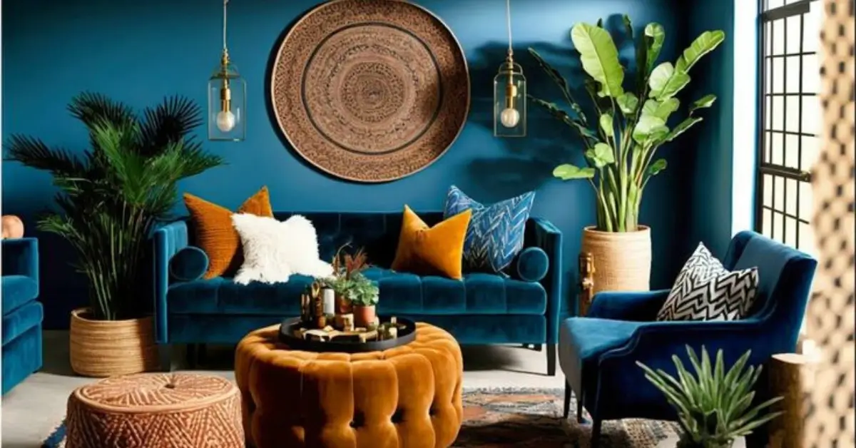 Vintage-Maximalist-Decor-Jewel-Tones-living room with big plants