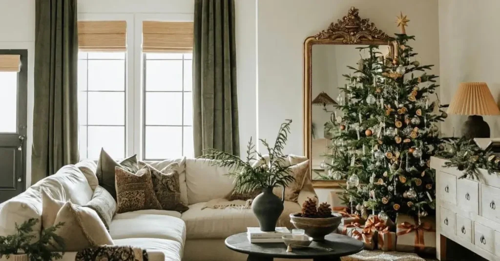 vintage christmas decorating ideas  - Living Room with tree, mirror and sofa
