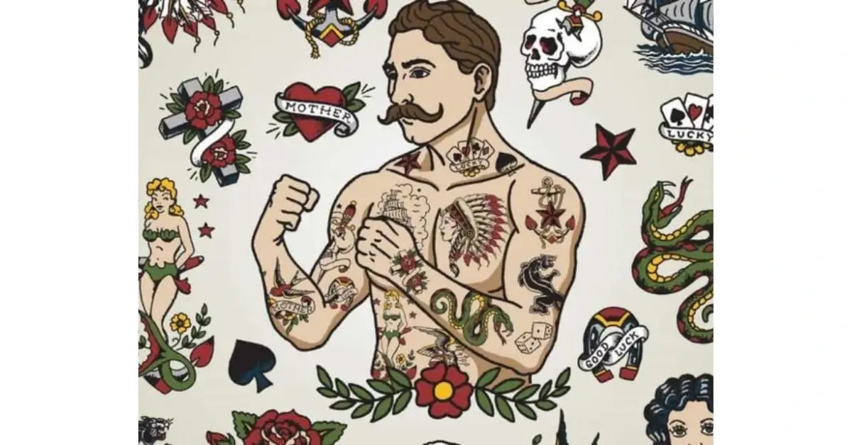 American Traditional Vintage Tattoos Man in the middle and several vintage tattoos around him https www.pinterest.de pin 109493834681095212