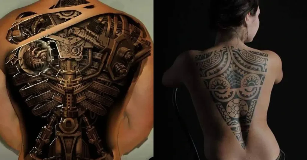 Biomechanical and Tribal Vintage Tattoos, back of a man and a woman completly inked
