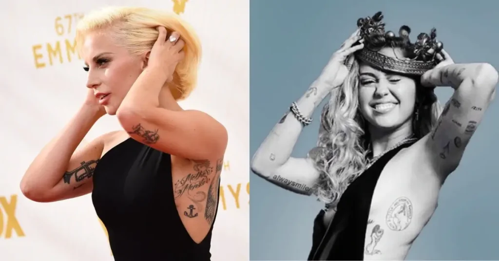 Celebrities with vintage tattoos, Lady Gaga at Emmys and Miley Cirus with anchor tattoos
