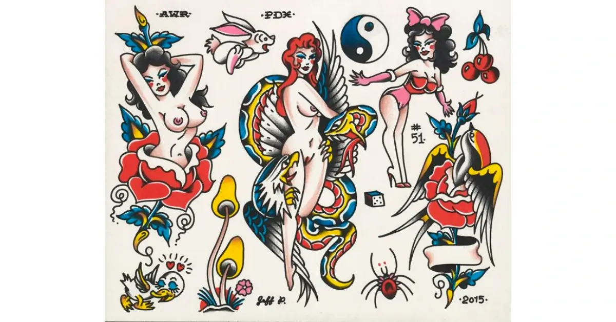 Different American Traditional Vintage Tattoos including Pin up Girls swallows mushrooms and cherrys. https www.pinterest.de pin 602356518938261252