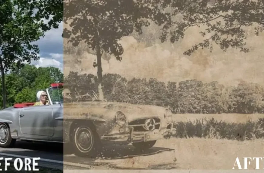 How to Make Photos Look Vintage - Before and after image of a couple in a convertible vintage car