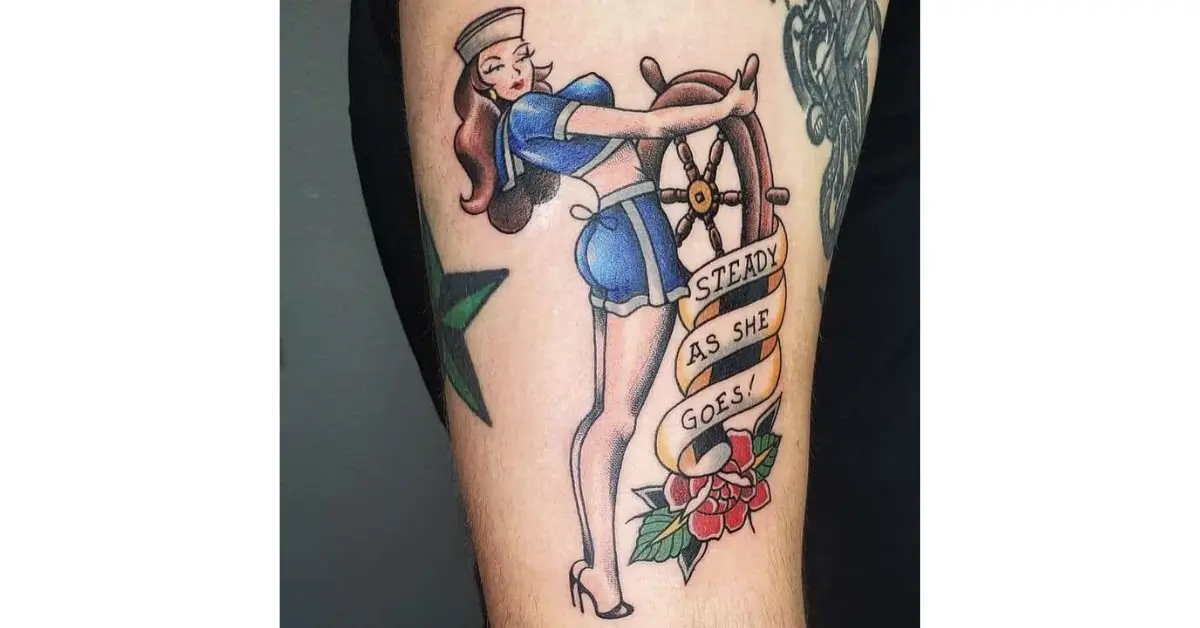 Pin Up Girl Tattoo in Sailor Jerry Stlye https www.pinterest.de pin 580471839486018697