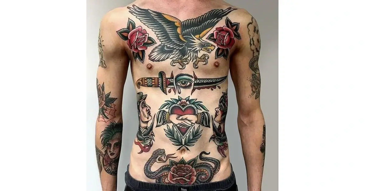 Several American Traditional Vintage Tattoos on the upper body of a man https www.pinterest.de pin 886998089089874450