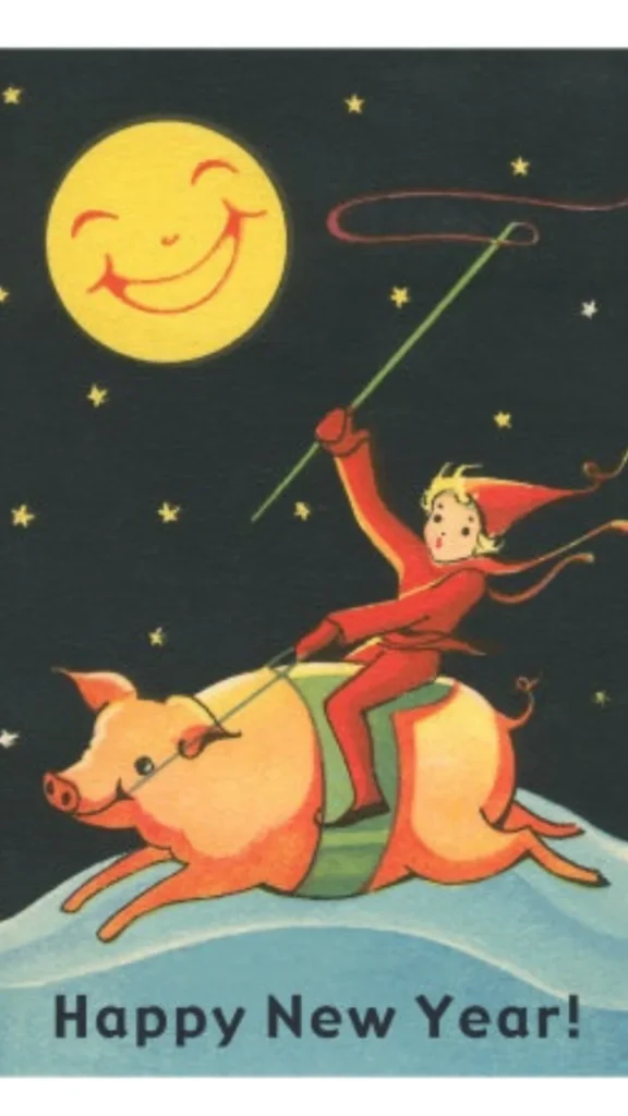 Best Vintage Gifts - Whimsical Vintage Postcards with a boy riding a pig under the moon and the stars 