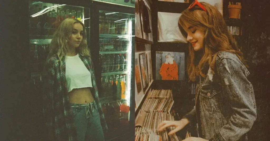 Vintage Photos of two women, one in the gas station one in a vinyl store with vintage effects - How to make photos look vintage