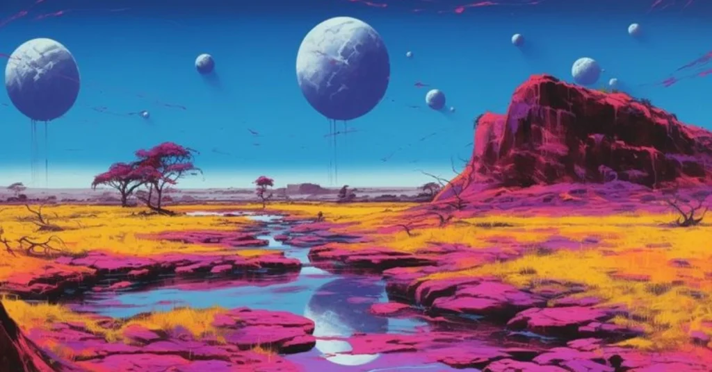 Vintage Sci-fi Art  - Alien Landscape with planets visible in the background 3D Rendering