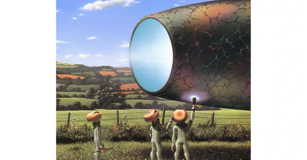 Vintage Sci-fi Art - Three Aliens standing next to a big spaceship turbine - Tim White
