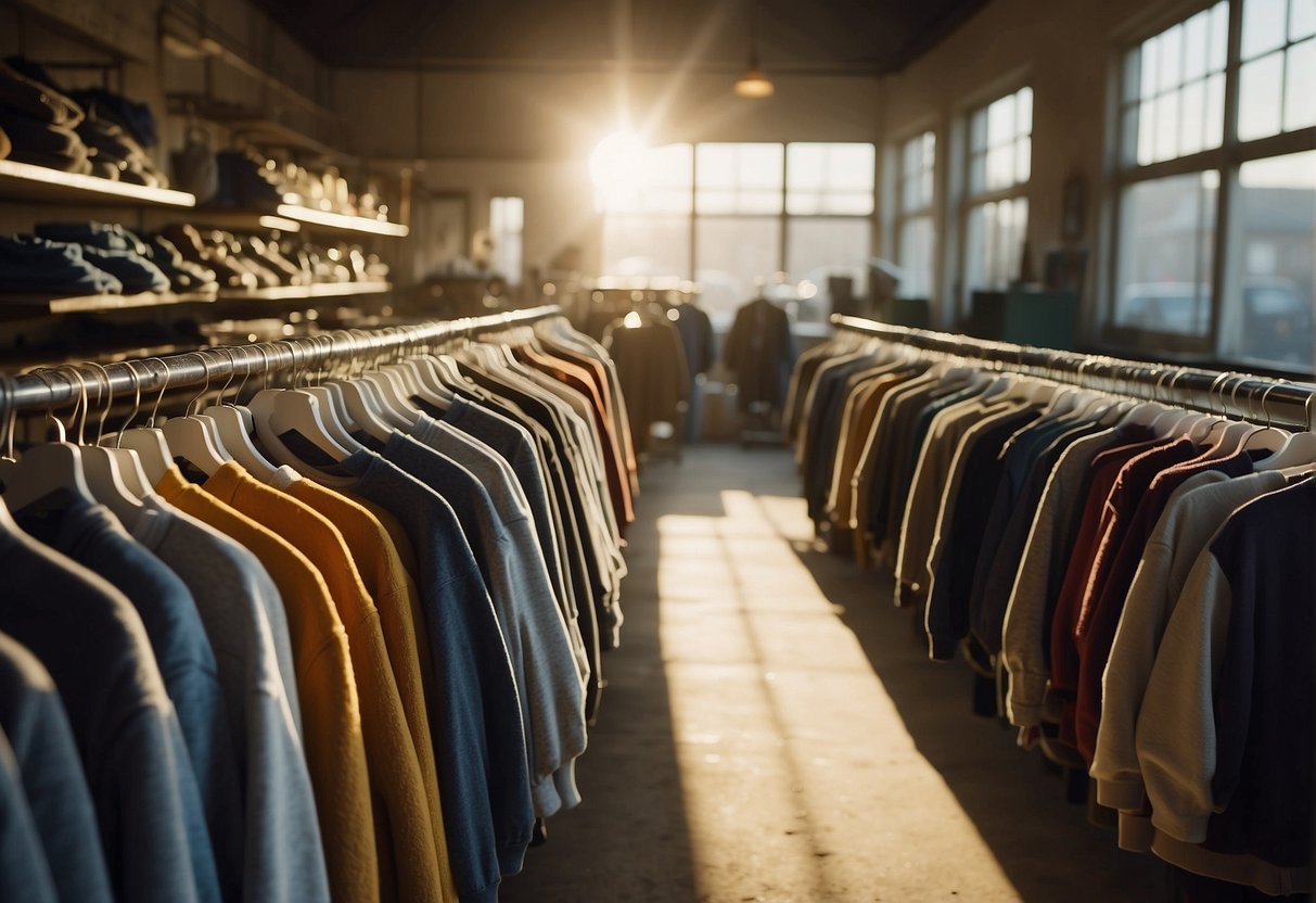 Vintage Clothing Shop with hanging clothes and the sun shining into the window