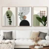 3pcs Modern Abstract Green Plants Leaf Sun Lines Wall Boho Art Canvas Painting Posters Prints Pictures
