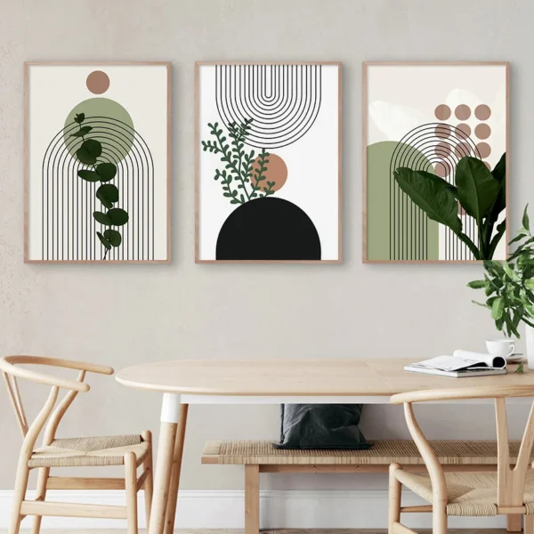 3pcs Modern Abstract Green Plants Leaf Sun Lines Wall Boho Art Canvas Painting Posters Prints Pictures 2