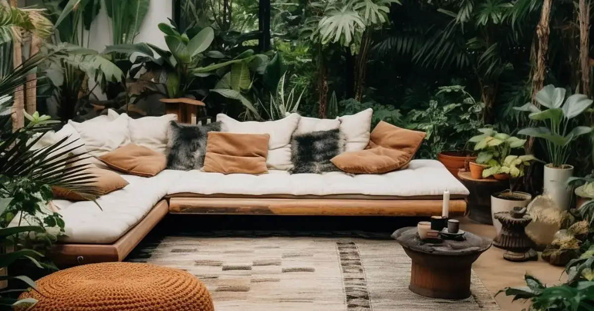 Bohemian Vintage DEcor Living Room with mustard tones and many plants