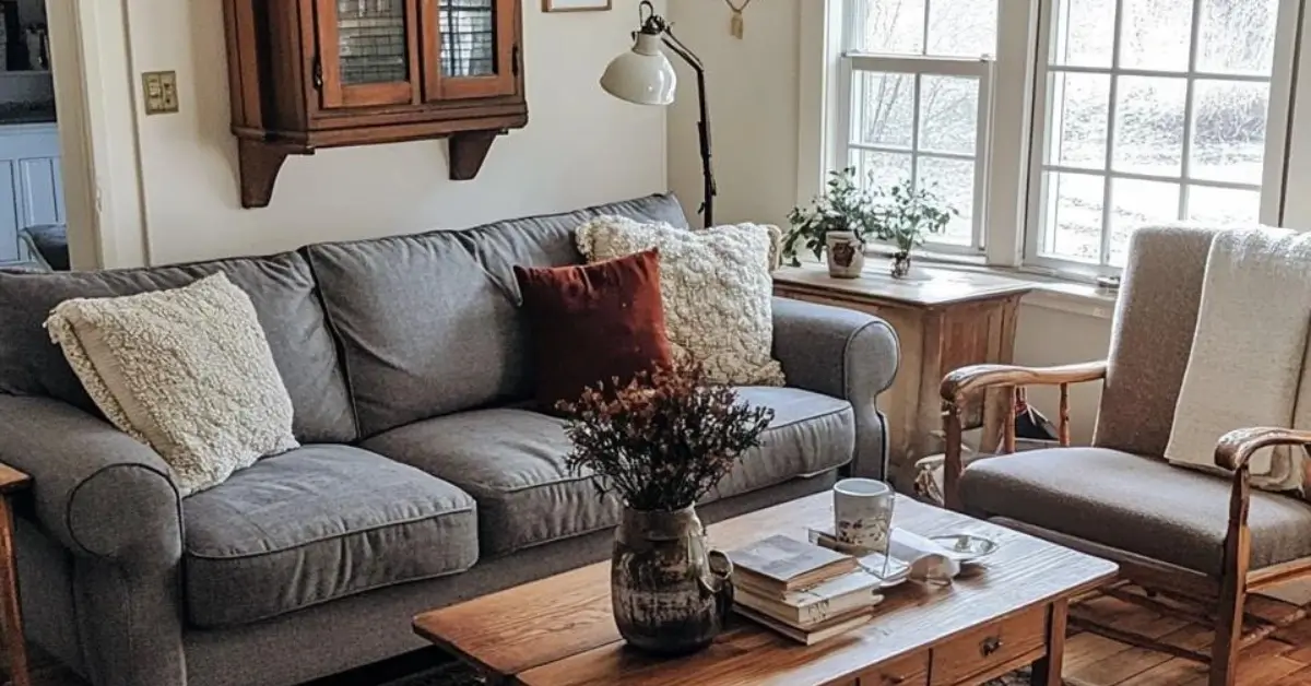 Modern Vintage Decor Living Room with grey sofa and persian mug