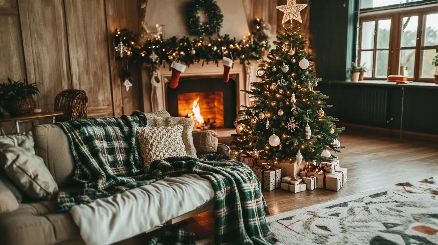 Vintage Chrsitmas Decor Living Room with fire