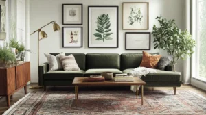 A beautifully styled vintage living room featuring a mid-century modern velvet sofa, antique brass floor lamps, and a vintage wooden coffee table