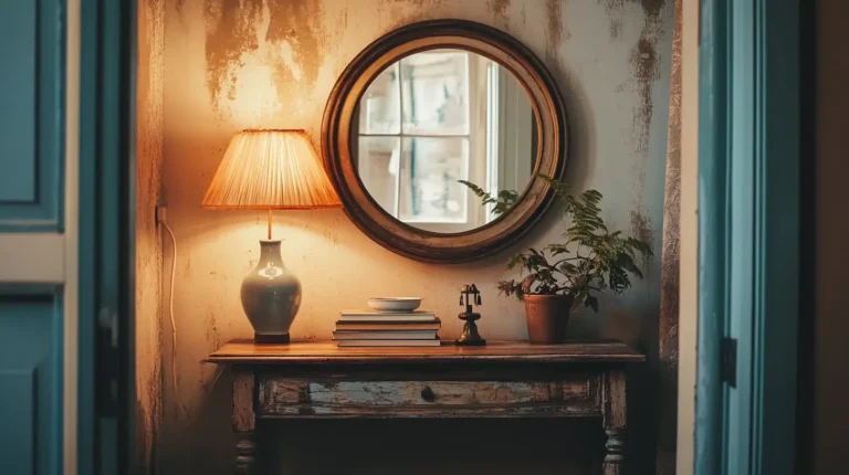 A beautifully arranged vintage entryway featuring a distressed wooden console table, a round mirror with an aged brass frame, and a small ceramic bowl for keys and essentials.