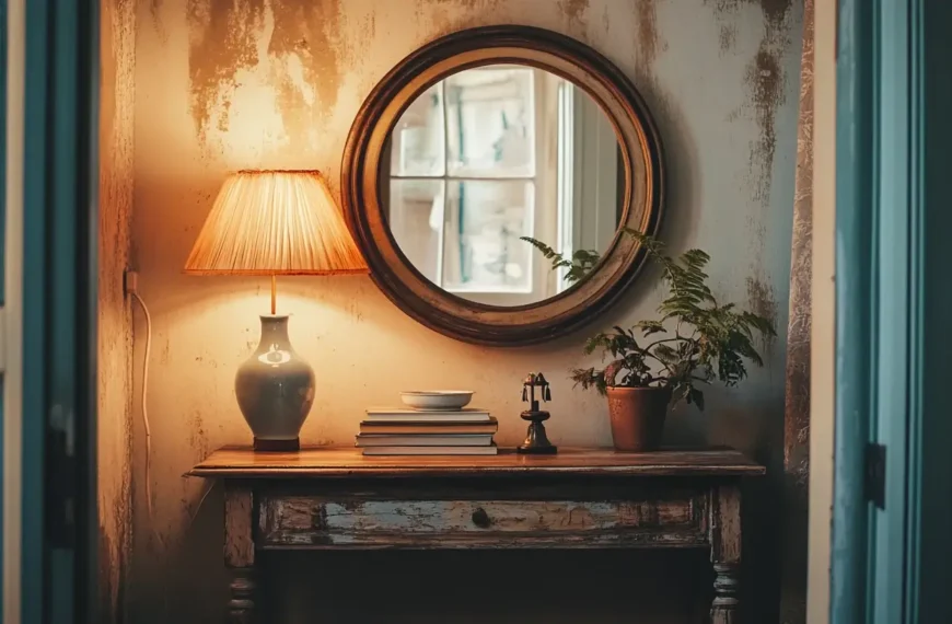 A beautifully arranged vintage entryway featuring a distressed wooden console table, a round mirror with an aged brass frame, and a small ceramic bowl for keys and essentials.