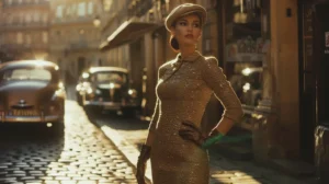 A vintage fashion scene from the 1950s, featuring a woman in a chic tailored dress with gloves and a pillbox hat