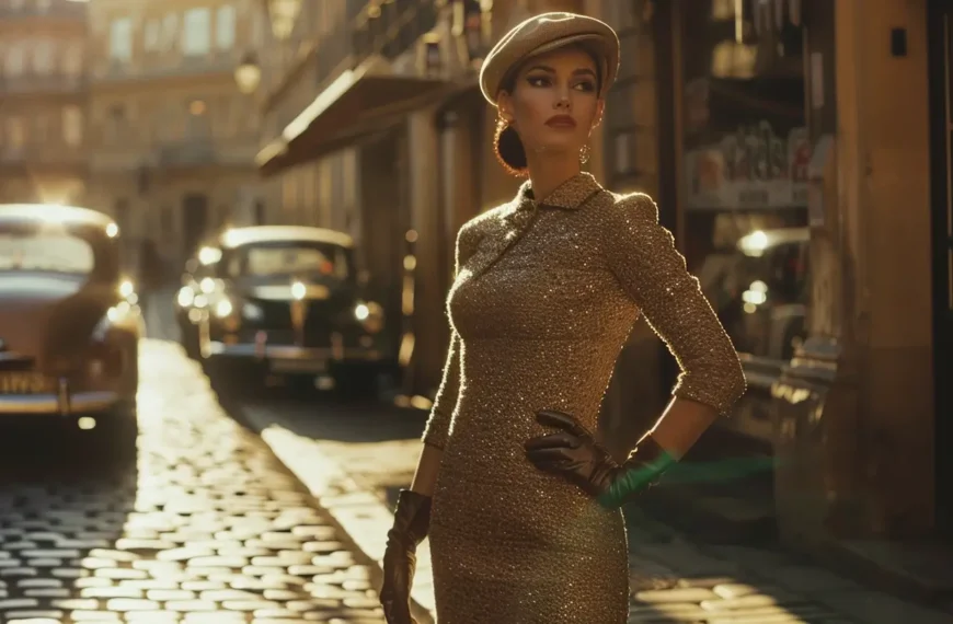 A vintage fashion scene from the 1950s, featuring a woman in a chic tailored dress with gloves and a pillbox hat