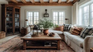 A beautifully styled vintage farmhouse living room featuring a distressed wooden coffee table, a cozy linen sofa with vintage plaid throw pillows, and a large farmhouse-style rug.