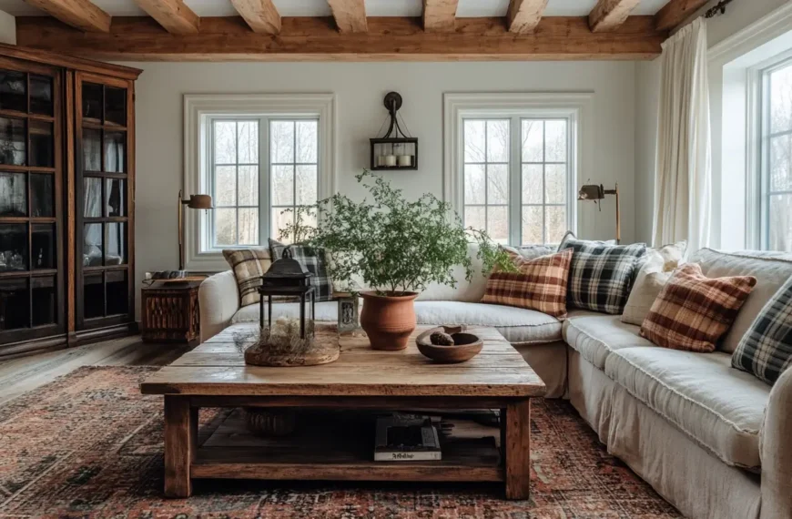 A beautifully styled vintage farmhouse living room featuring a distressed wooden coffee table, a cozy linen sofa with vintage plaid throw pillows, and a large farmhouse-style rug.